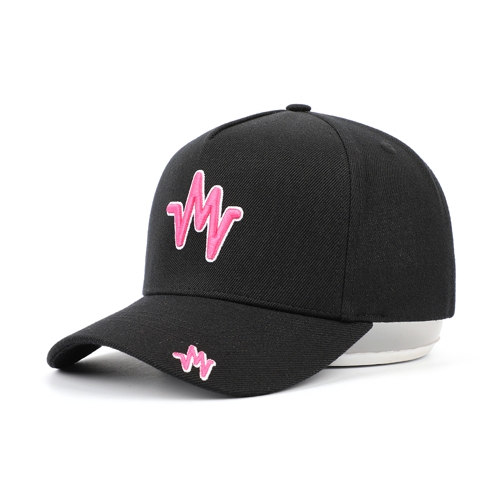 Black Five-Panel Cotton Twill Baseball Cap with Pink 3D Wave Embroidery