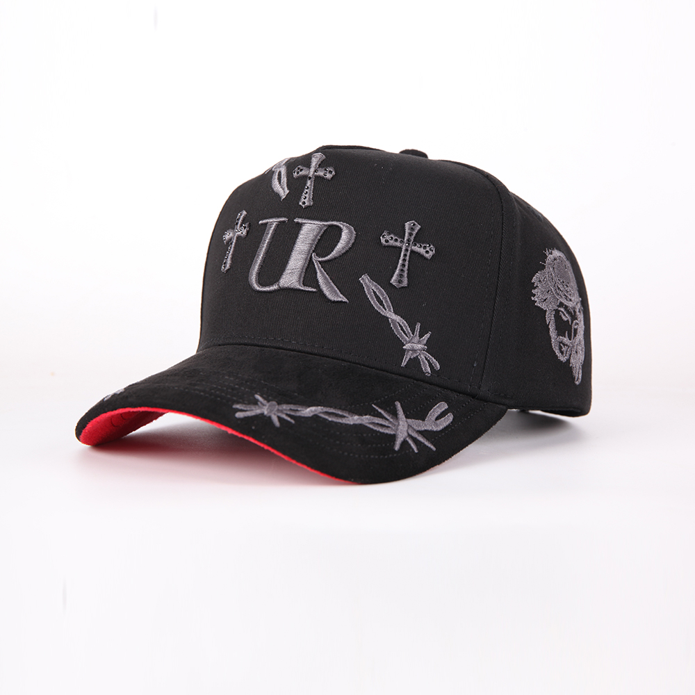 Black Embroidered Cross Pattern Adjustable Streetwear Baseball Cap Fashion Cotton Twill Hat