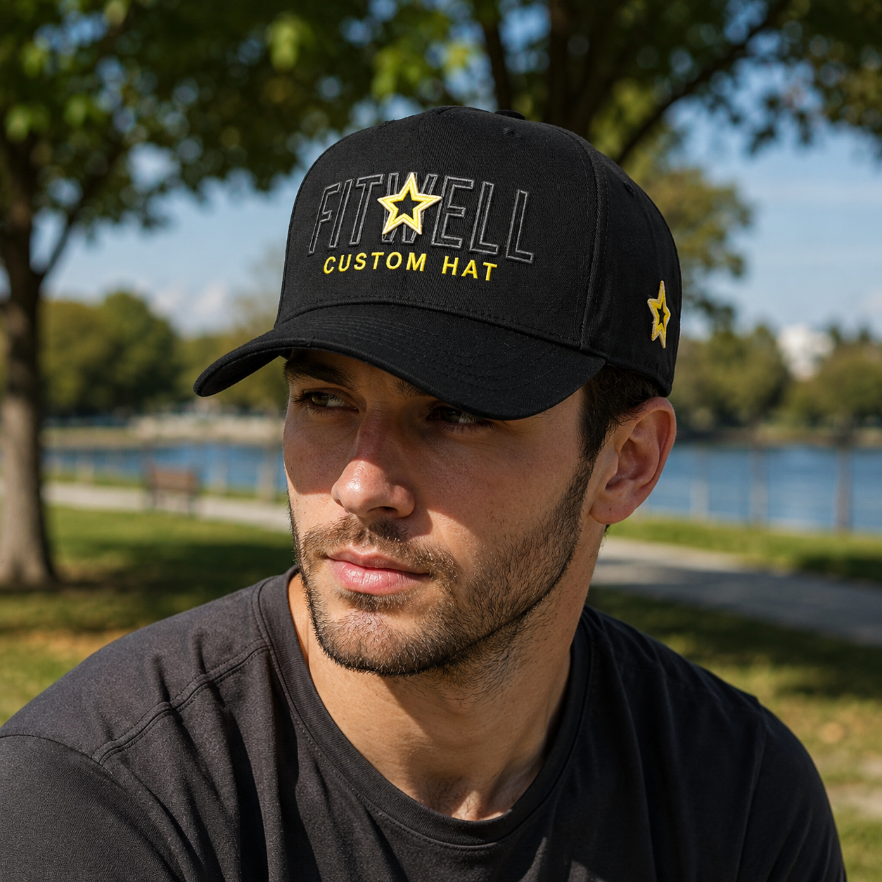 Black Cotton Twill Baseball Cap with Star Letter Embroidery