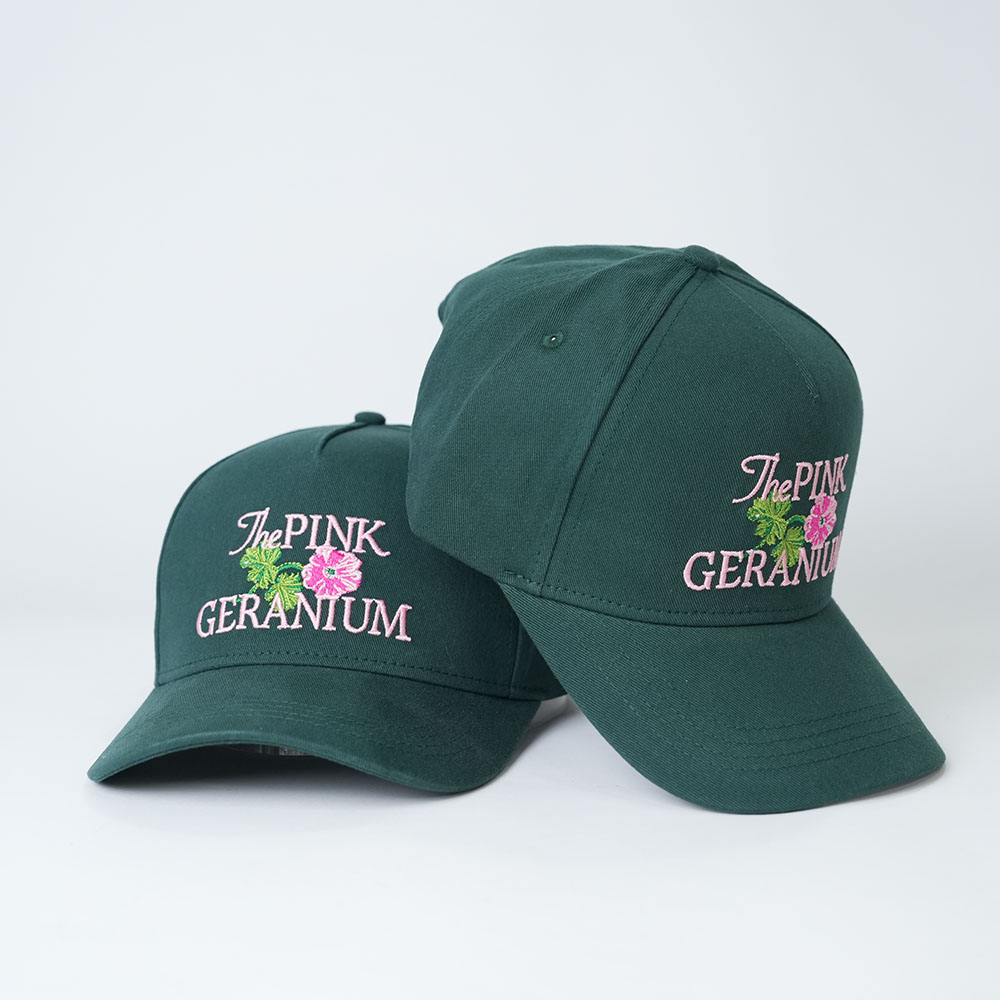 Dark Green Cotton Baseball Cap with Pink Geranium Floral Embroidered Logo