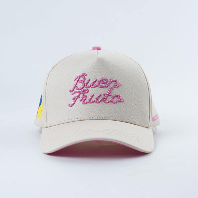 Cream White 5 Panel Cotton Twill Baseball Cap with Pink Script Embroidery Logo and Curved Brim
