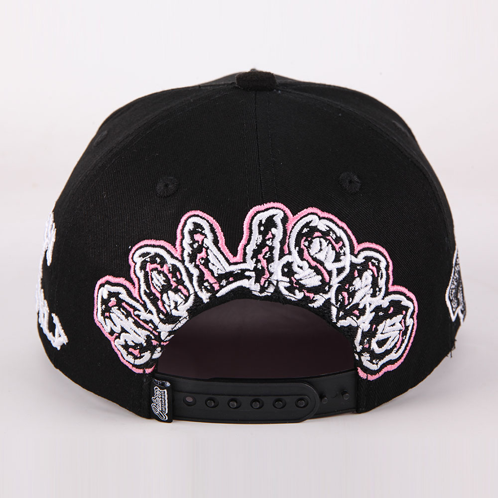 Black Cotton Twill Baseball Cap with Raised Embroidered Graffiti Logo, Curved Brim and Side Patch – Unisex Streetwear 5-Panel Hat