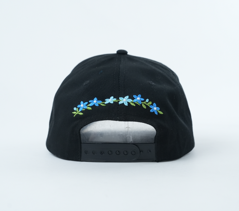 Black Cotton Twill Baseball Cap with Floral Letter Embroidery Logo and Curved Brim