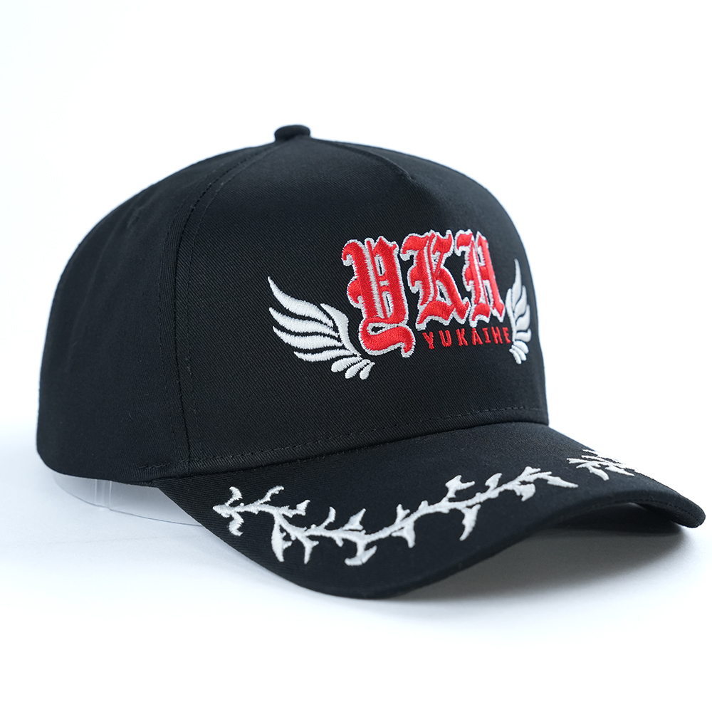 Black Cotton Twill Baseball Cap with Gothic Embroidered Logo and Wing Graphic Design