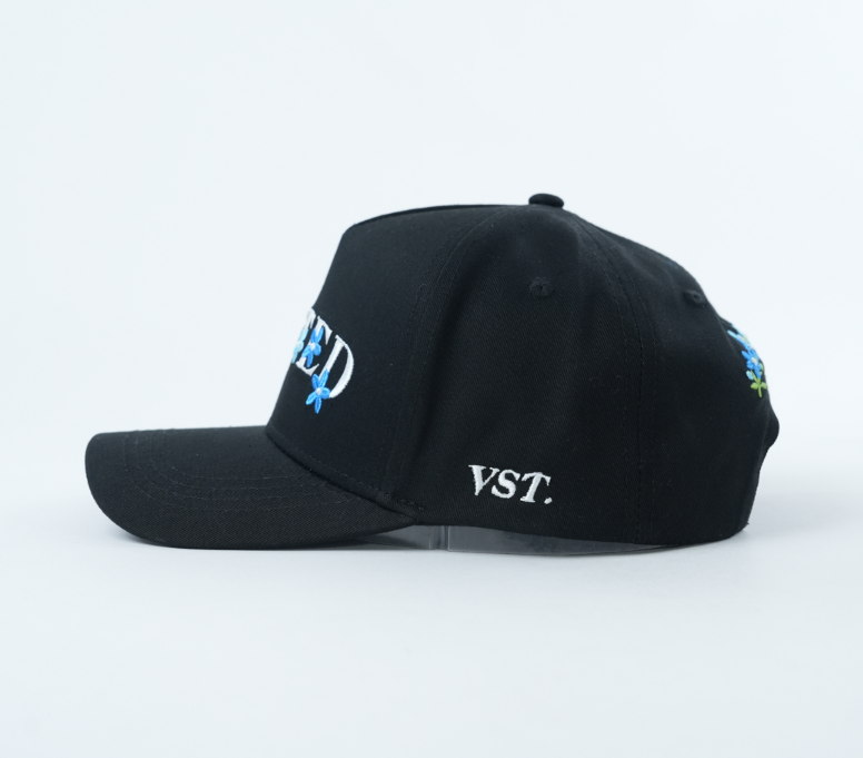Black Cotton Twill Baseball Cap with Floral Letter Embroidery Logo and Curved Brim