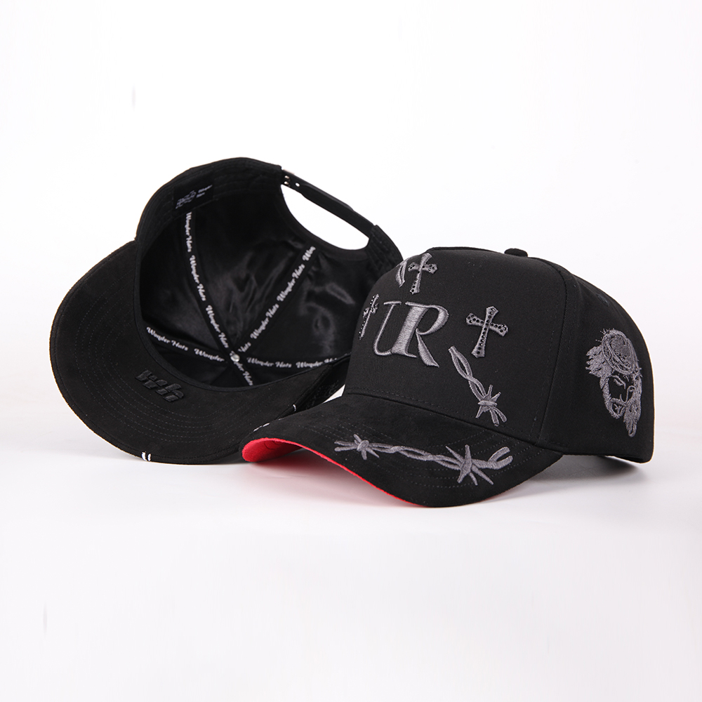 Black Embroidered Cross Pattern Adjustable Streetwear Baseball Cap Fashion Cotton Twill Hat