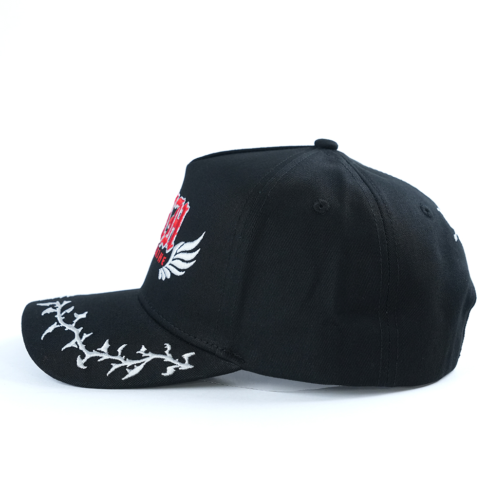 Black Cotton Twill Baseball Cap with Gothic Embroidered Logo and Wing Graphic Design