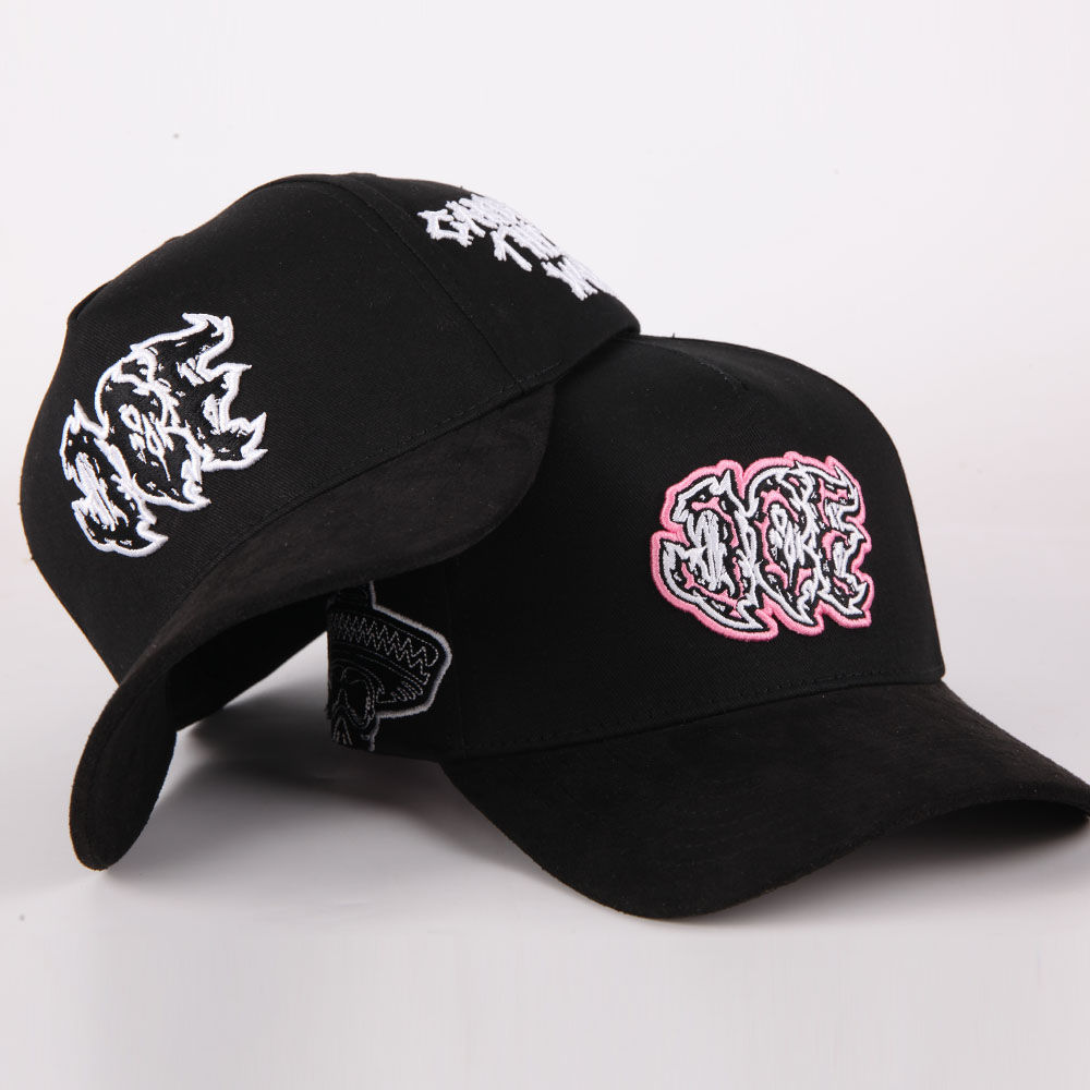 Black Cotton Twill Baseball Cap with Raised Embroidered Graffiti Logo, Curved Brim and Side Patch – Unisex Streetwear 5-Panel Hat