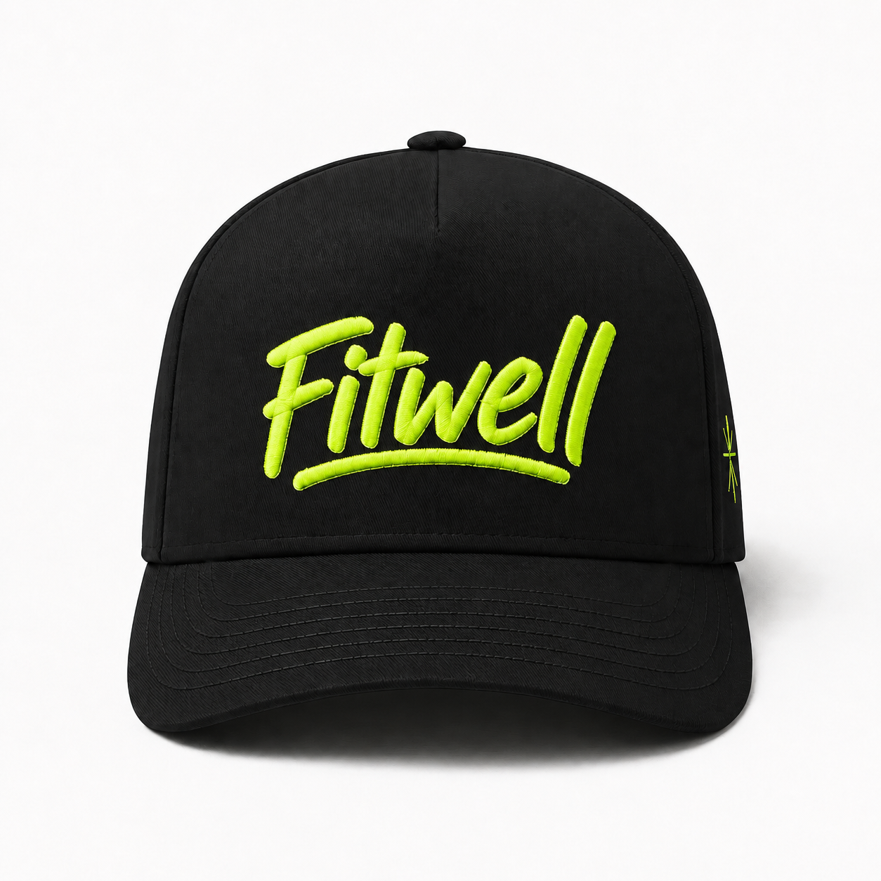 Black 5 Panel Cotton Twill Baseball Cap with Neon Green Raised Embroidery Logo