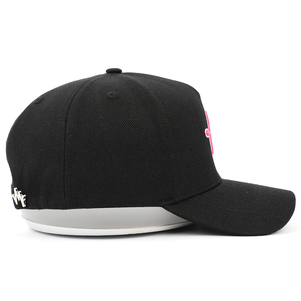 Black Five-Panel Cotton Twill Baseball Cap with Pink 3D Wave Embroidery
