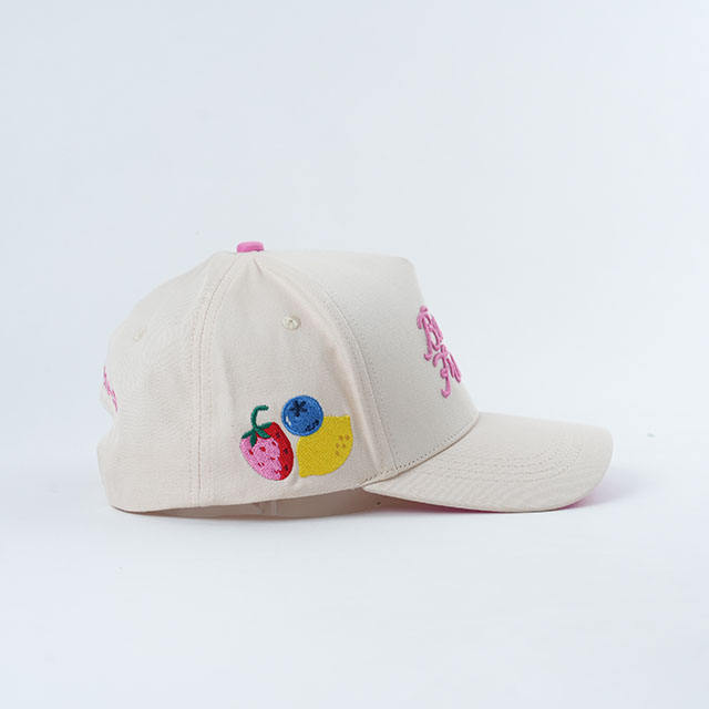 Cream White 5 Panel Cotton Twill Baseball Cap with Pink Script Embroidery Logo and Curved Brim
