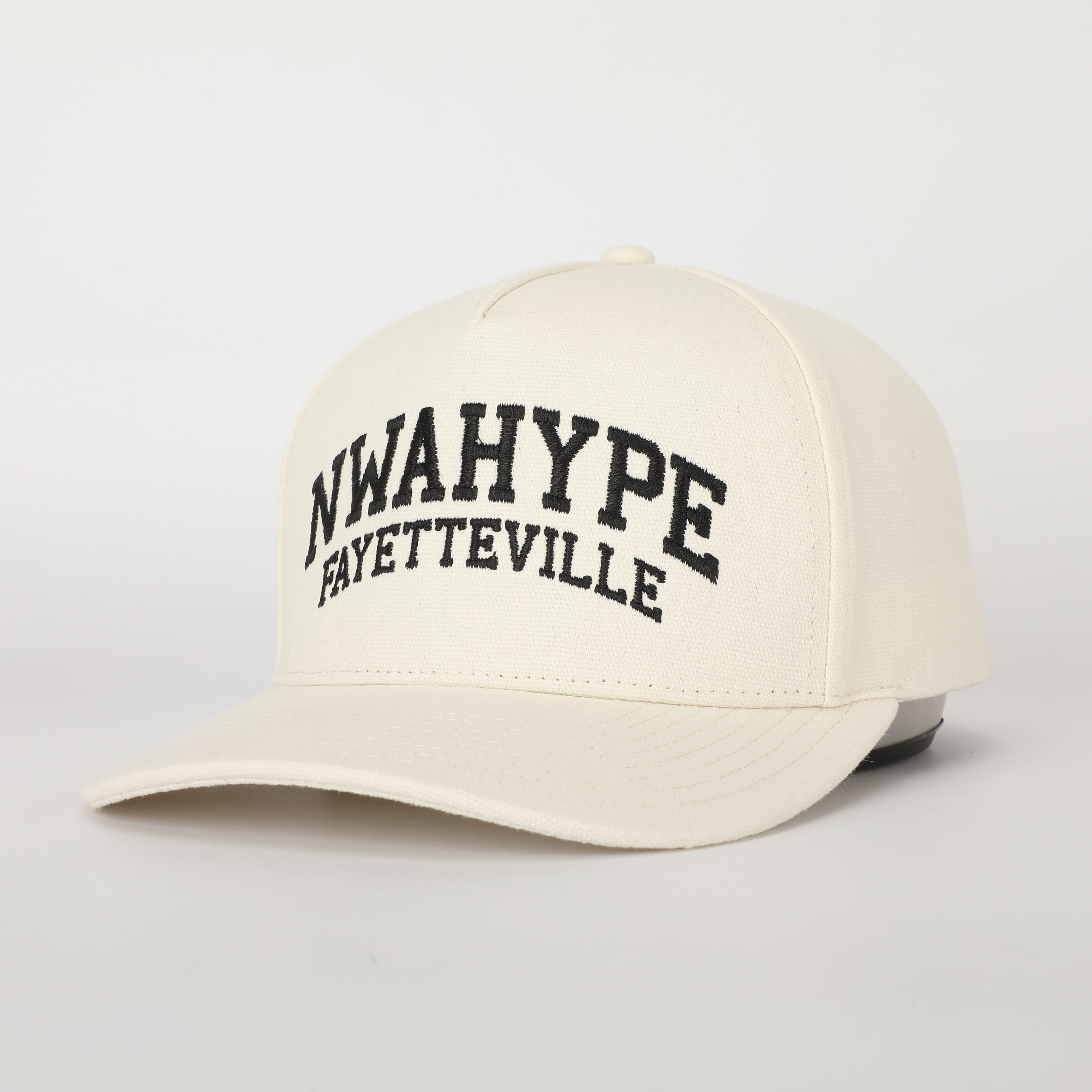 NWAHYPE Fayetteville Cream Cotton Twill 5-Panel Baseball Cap with Black Embroidered Lettering and Curved Brim