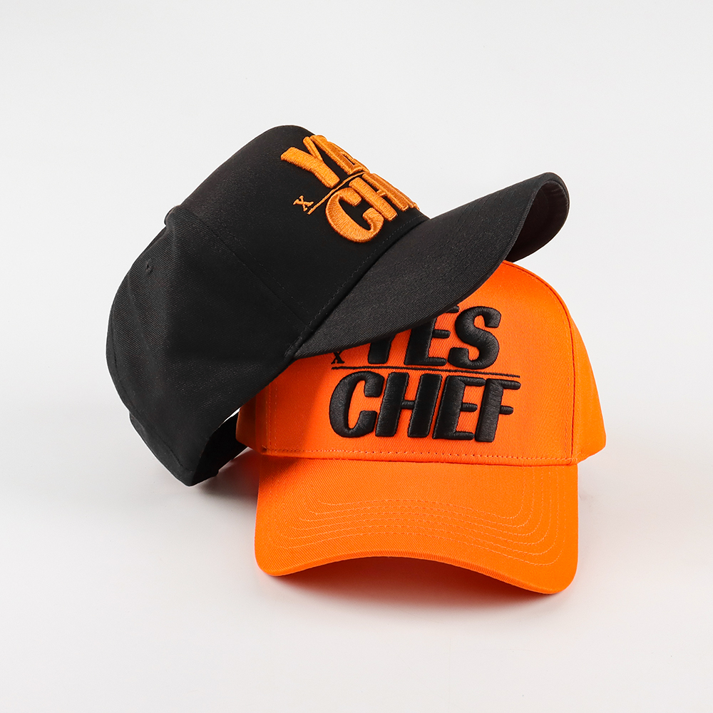 Two Tone Black Orange Cotton Twill Baseball Cap with 3D Embroidered YES CHIEF Logo