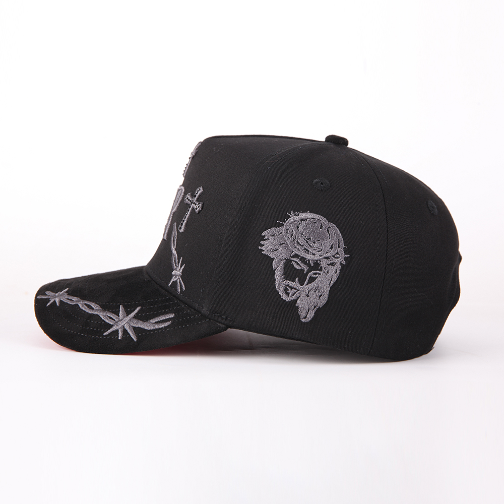 Black Embroidered Cross Pattern Adjustable Streetwear Baseball Cap Fashion Cotton Twill Hat