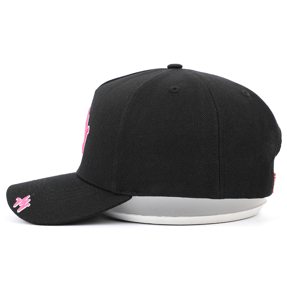 Black Five-Panel Cotton Twill Baseball Cap with Pink 3D Wave Embroidery