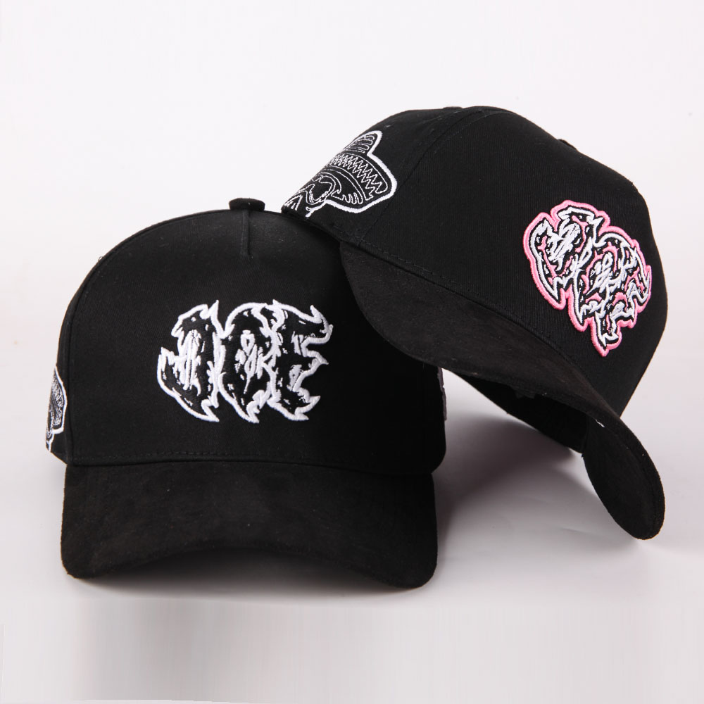 Black Cotton Twill Baseball Cap with Raised Embroidered Graffiti Logo, Curved Brim and Side Patch – Unisex Streetwear 5-Panel Hat