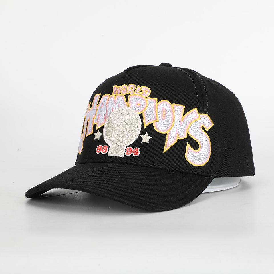 World Champions 93 94 Black Cotton Twill 5-Panel Baseball Cap with Oversized Multicolor 3D Embroidery and Curved Brim