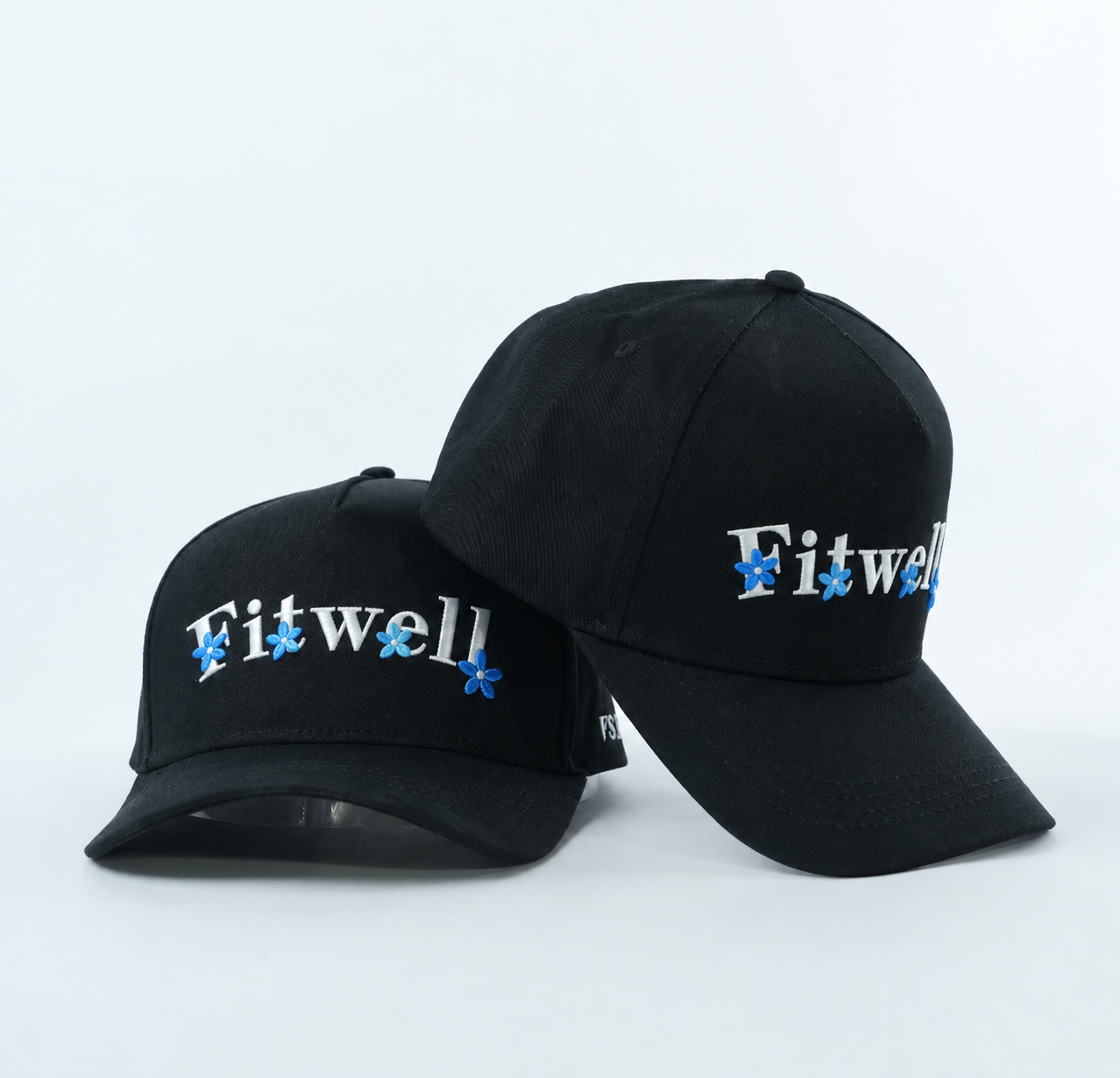 Black Cotton Twill Baseball Cap with Floral Letter Embroidery Logo and Curved Brim