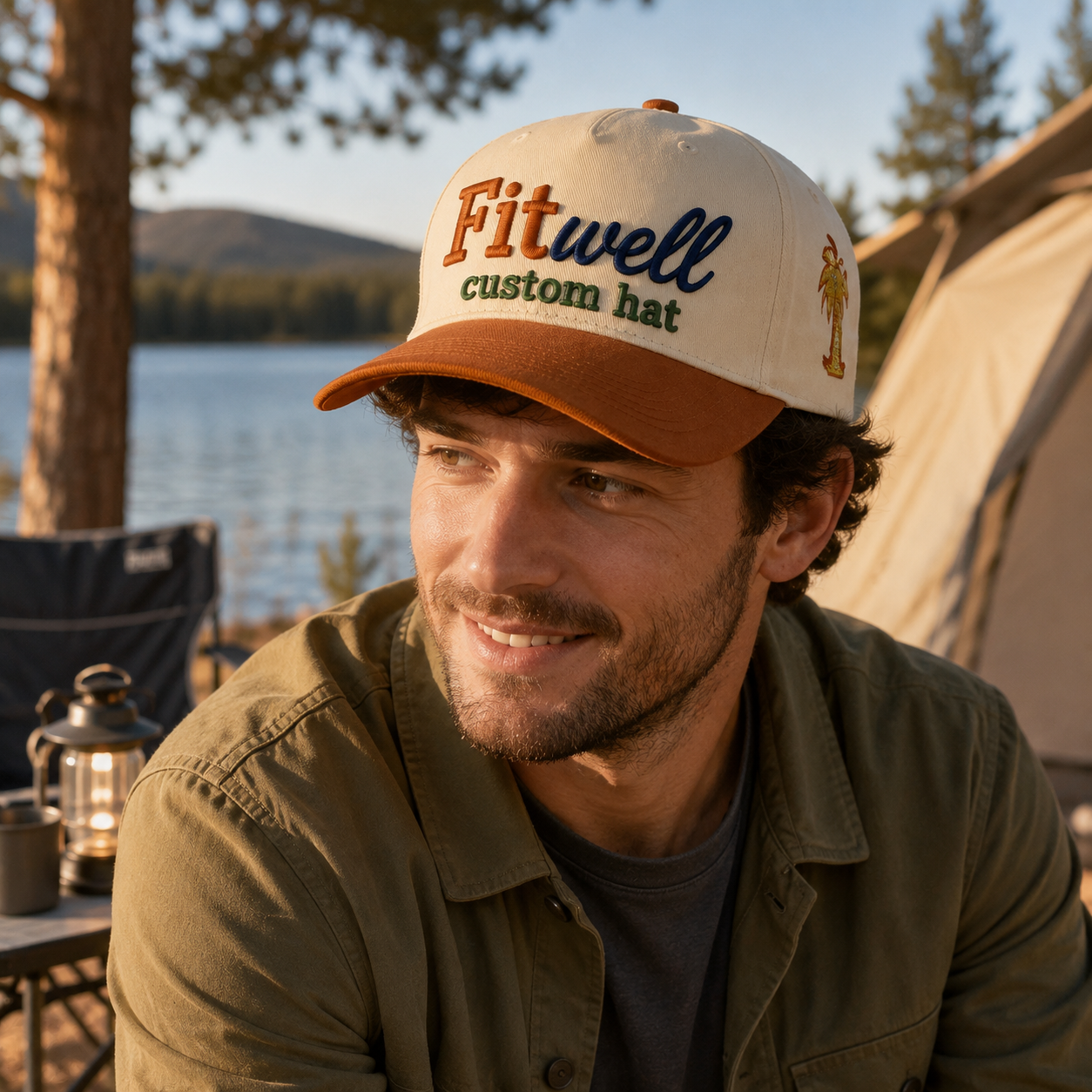 Cream and Rust Five-Panel Twill Cap with Multicolor Puff Slogan Embroidery