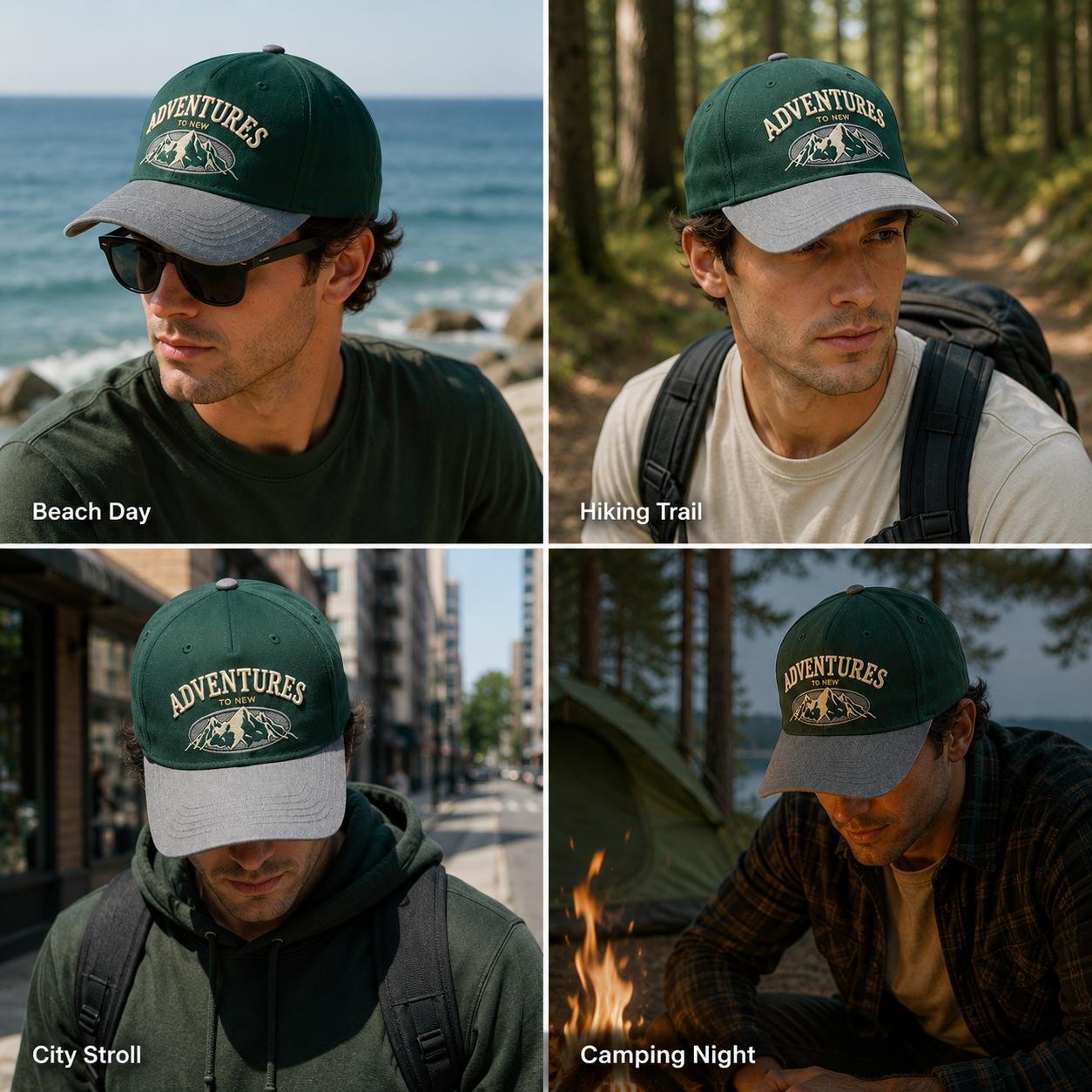 Adventures to New Mountain 3D Embroidered Green and Gray Baseball Cap