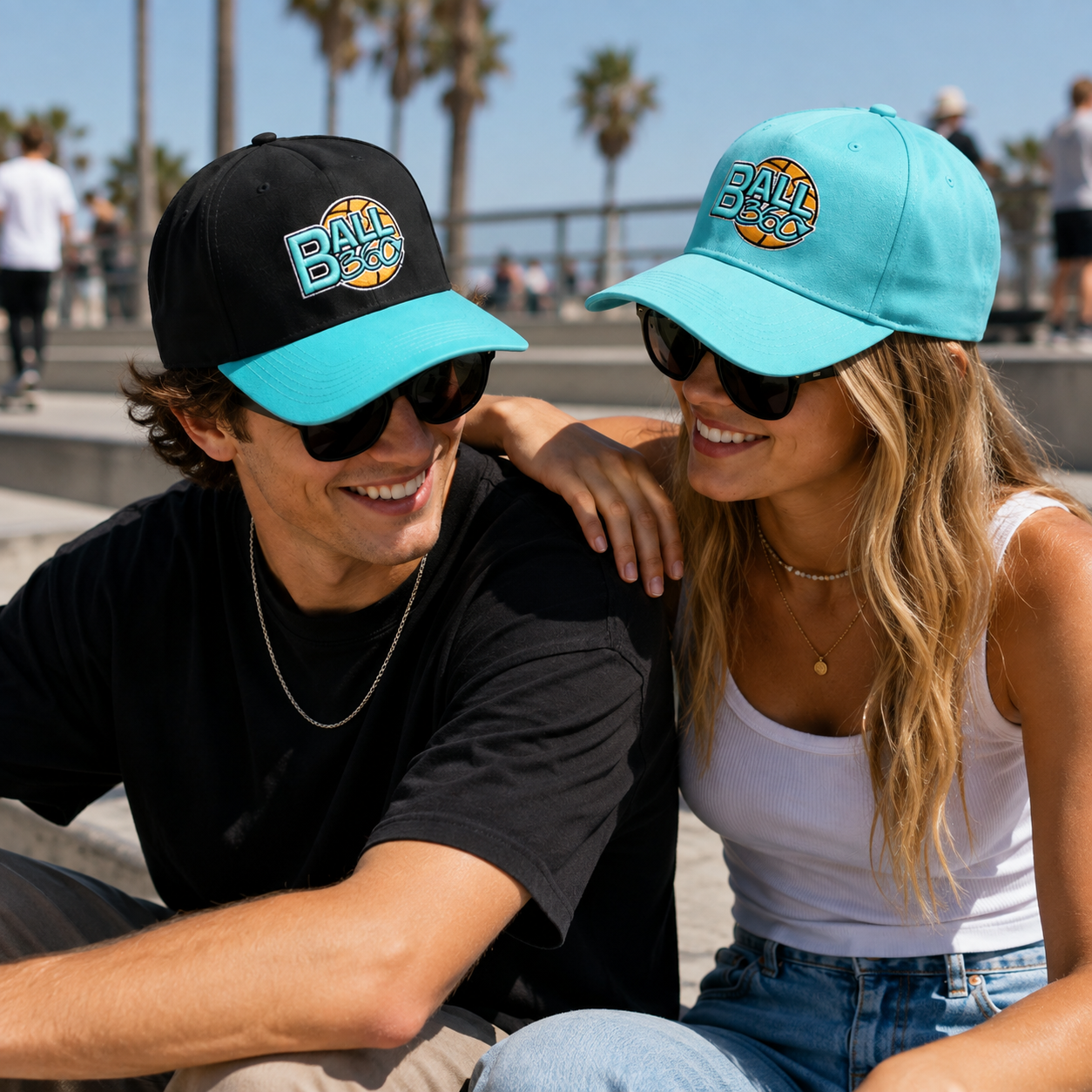 Black and Aqua Two-Tone 5-Panel Baseball Cap with Ball 360 Embroidered Logo