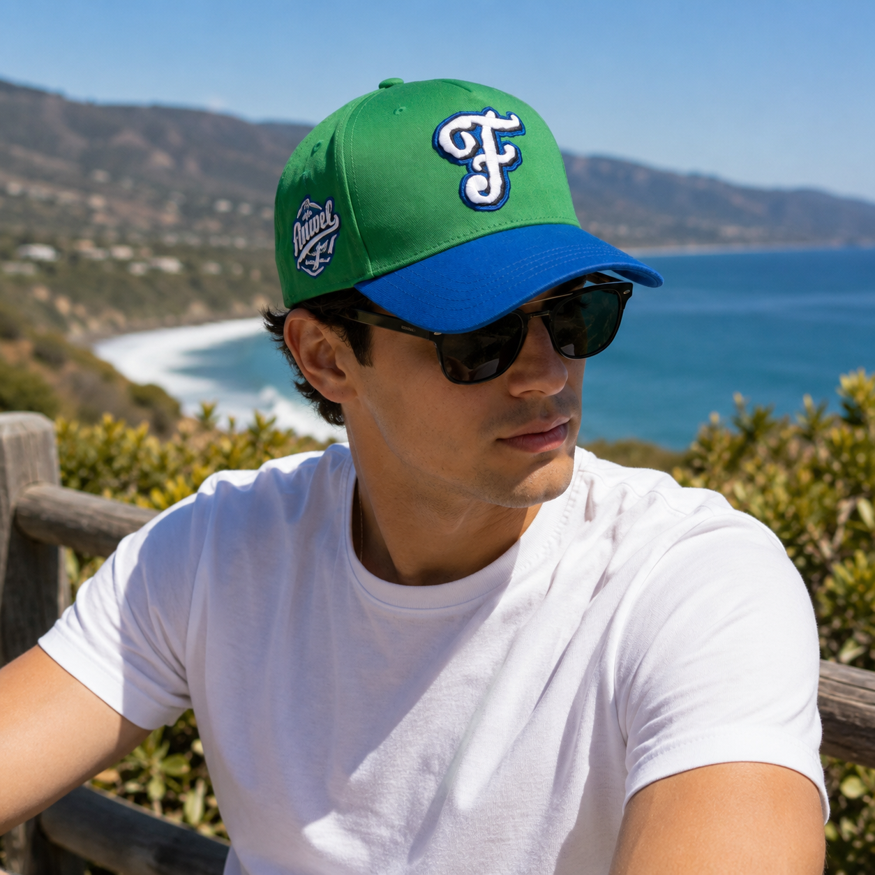 Green and Blue Five-Panel Baseball Cap with Raised Letter Embroidery