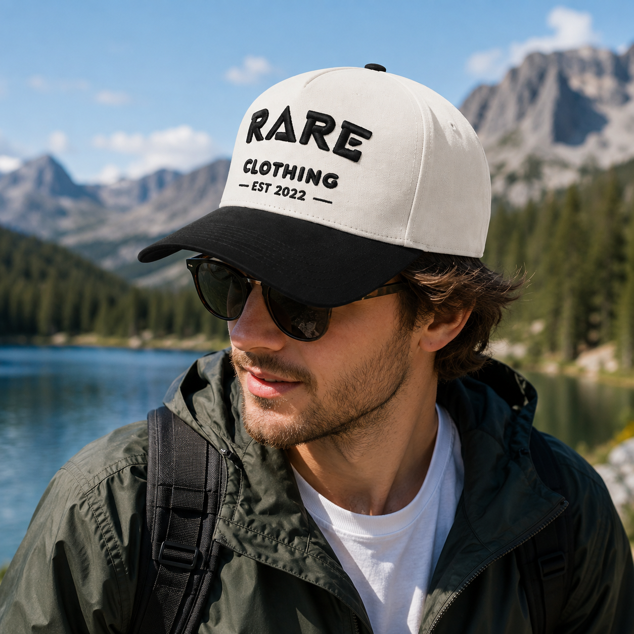 Ivory Two-Tone 5-Panel Baseball Cap with Raised Logo Embroidery