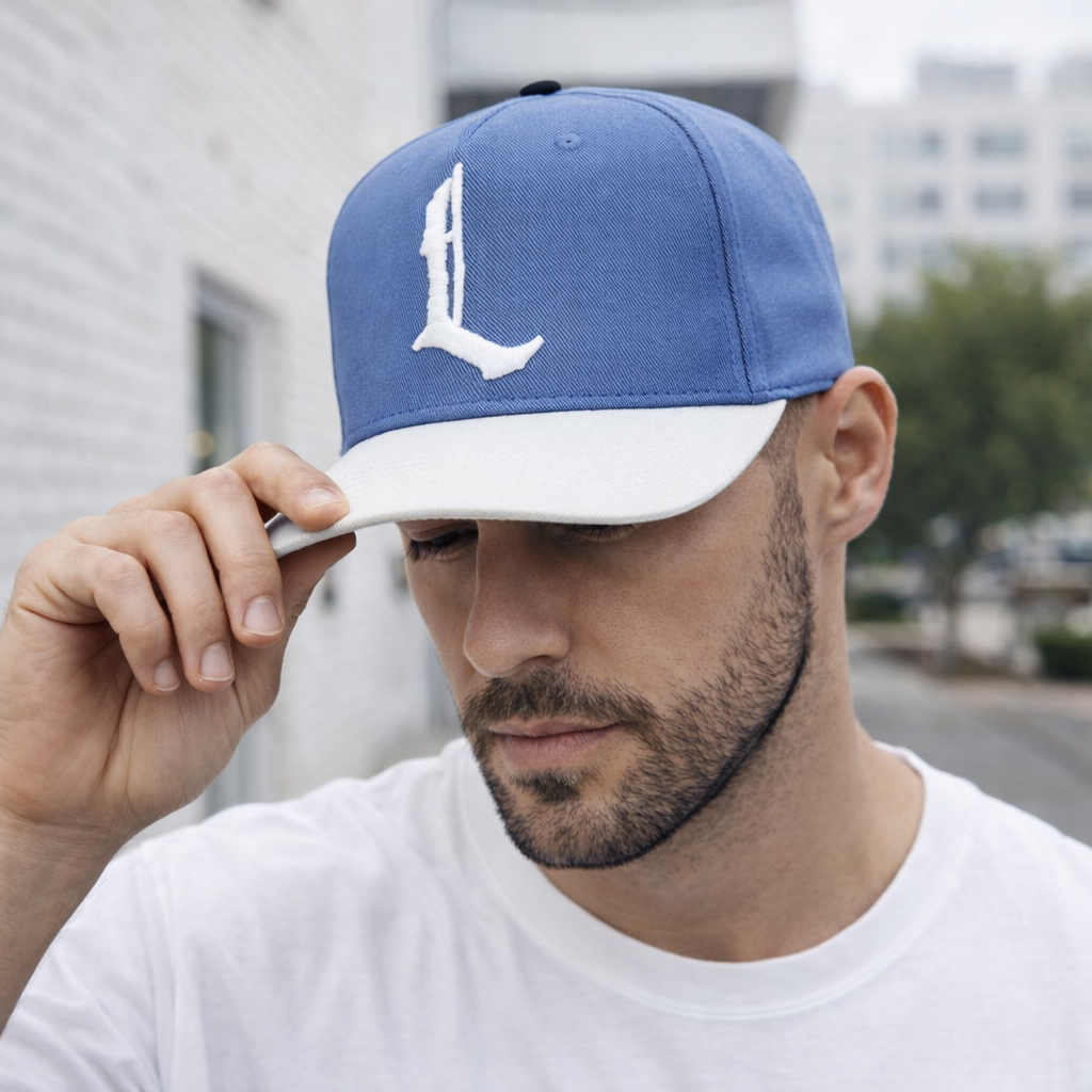 Blue and White Monogram Embroidered Cotton Twill Cap