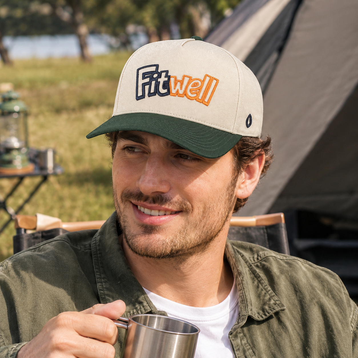 Cream and Forest Green 5-Panel Baseball Cap with Raised Monsters Embroidery
