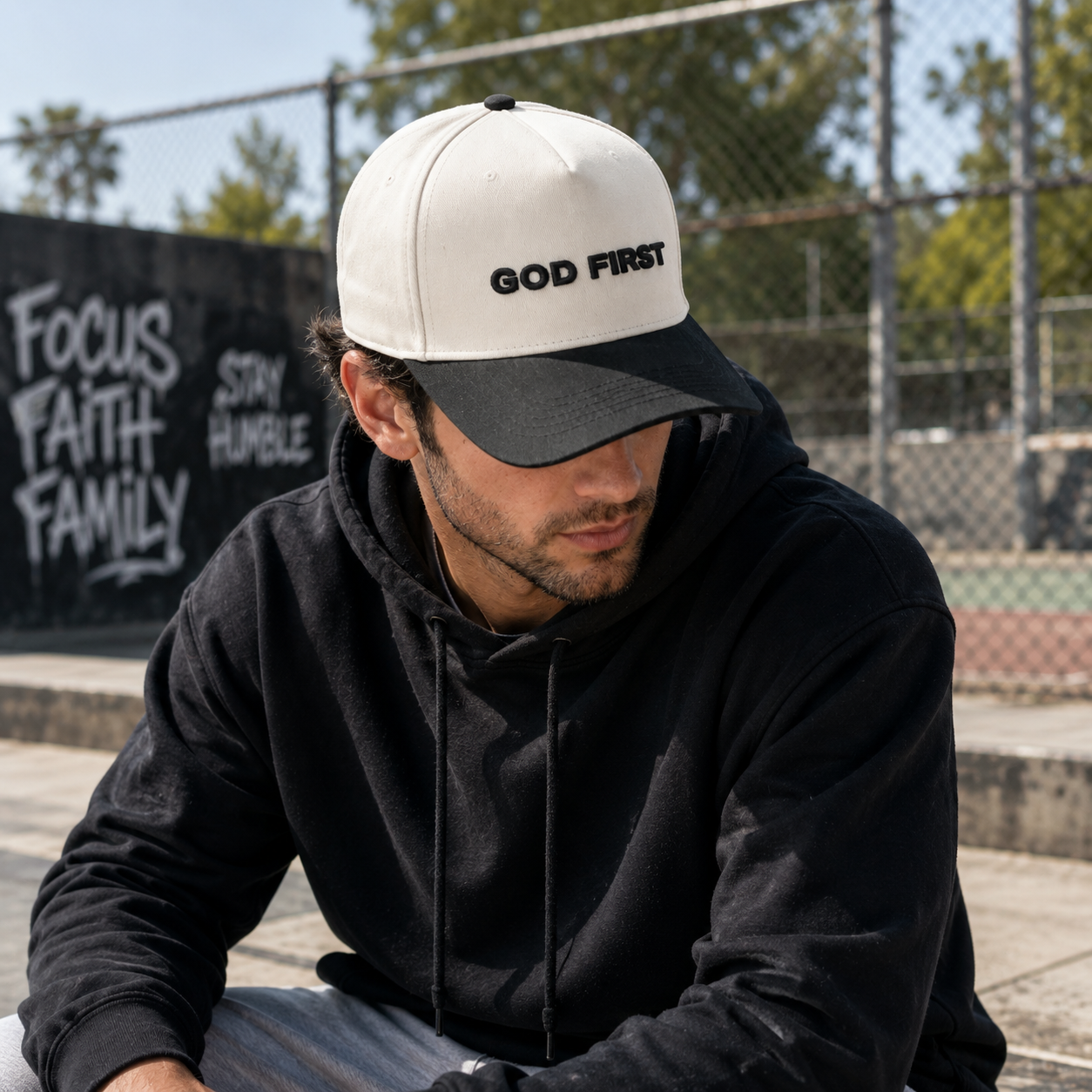 Cream and Black Two-Tone Cap with Raised Slogan Embroidery
