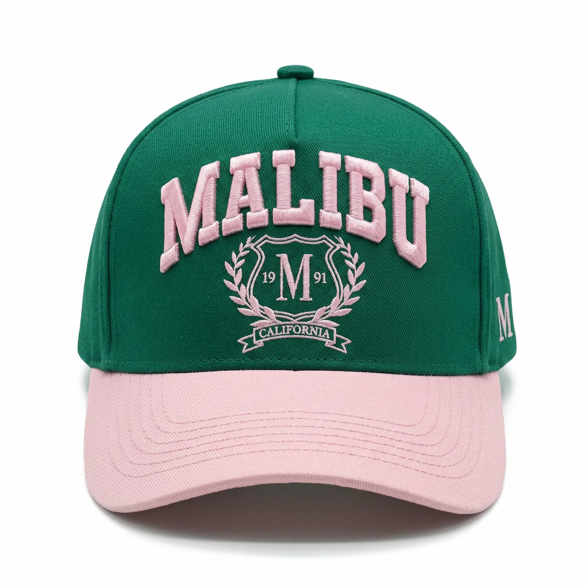 Emerald Green and Blush Pink Malibu 3D Embroidered Five-Panel Baseball Cap