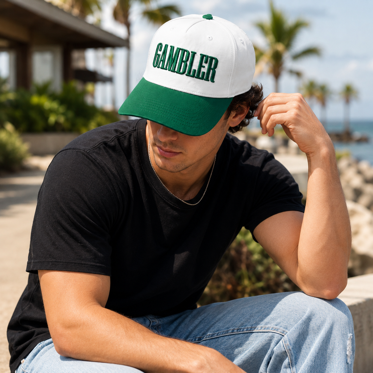White and Green Two-Tone Baseball Cap with Raised Letter Embroidery