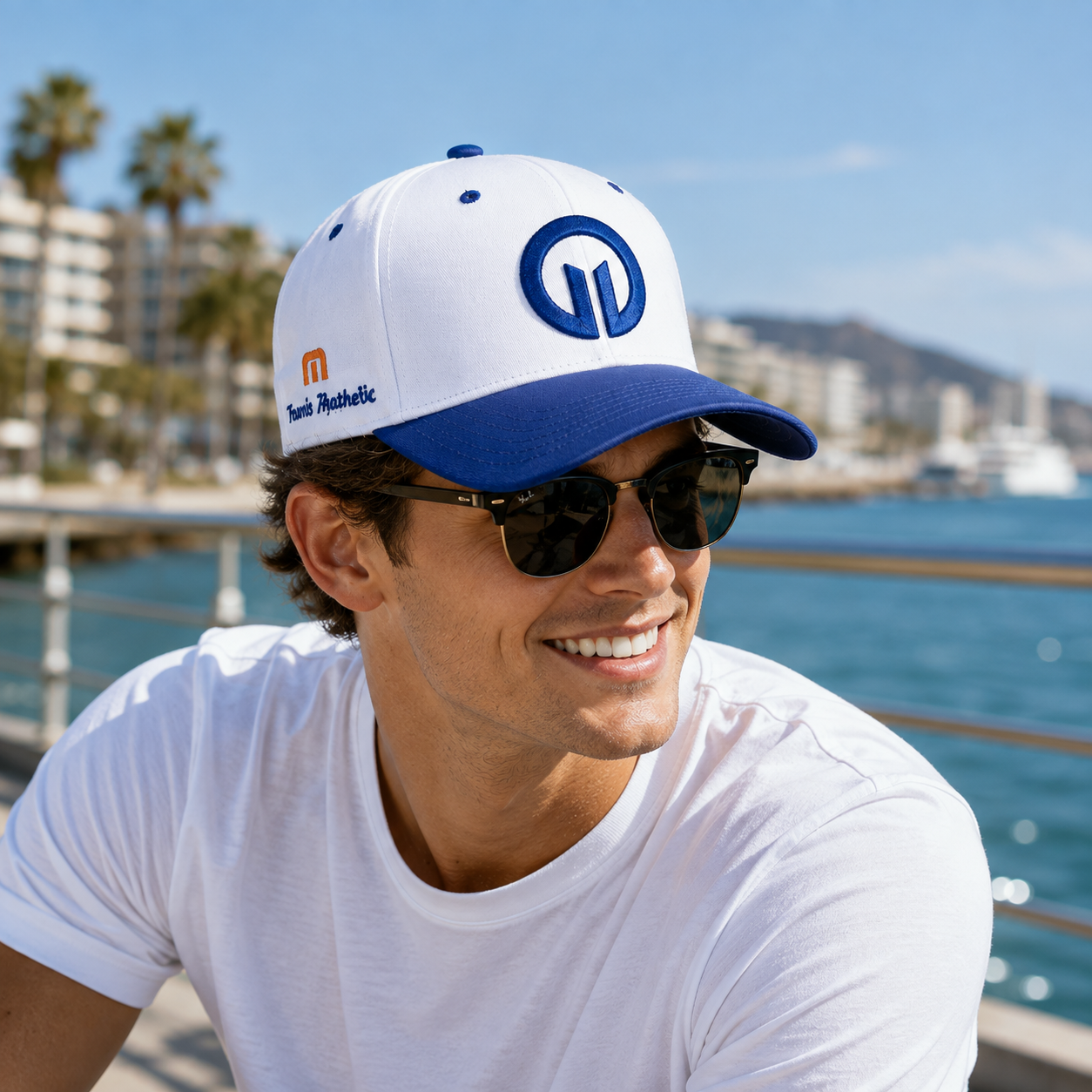 White and Royal Blue Monogram 3D Embroidered 5-Panel Cap