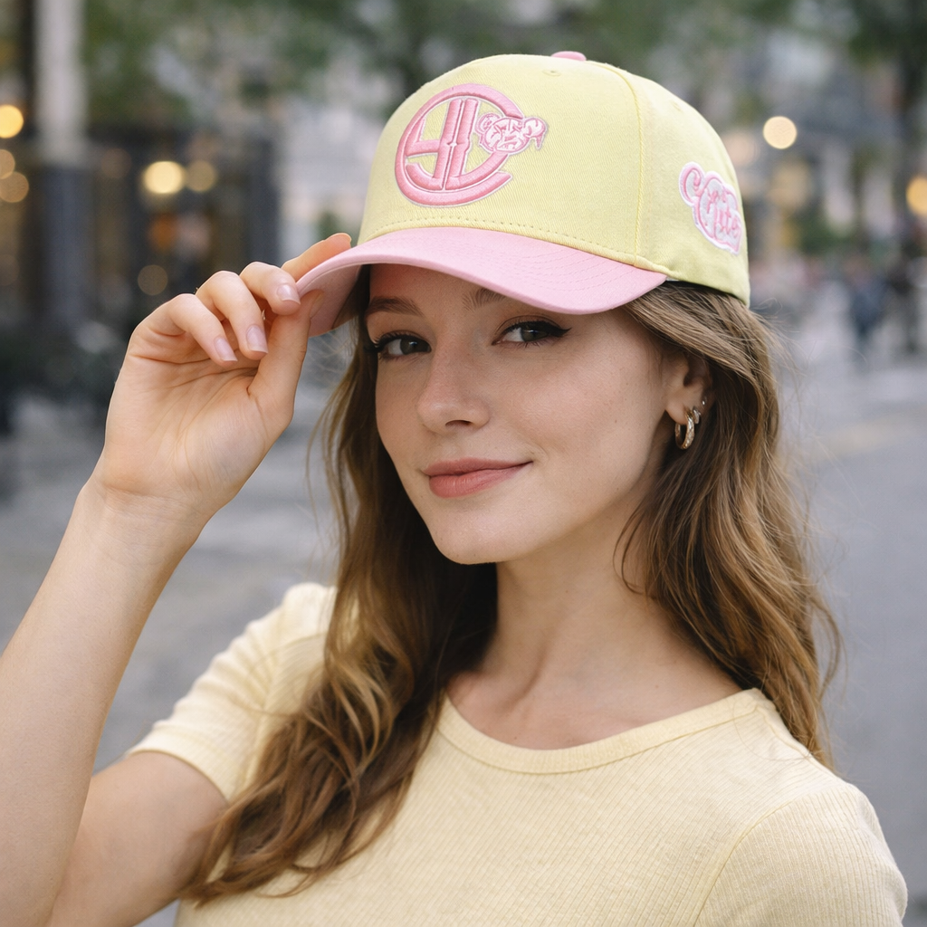 Pastel Yellow and Pink 3D Logo Embroidered Cotton Twill Baseball Cap