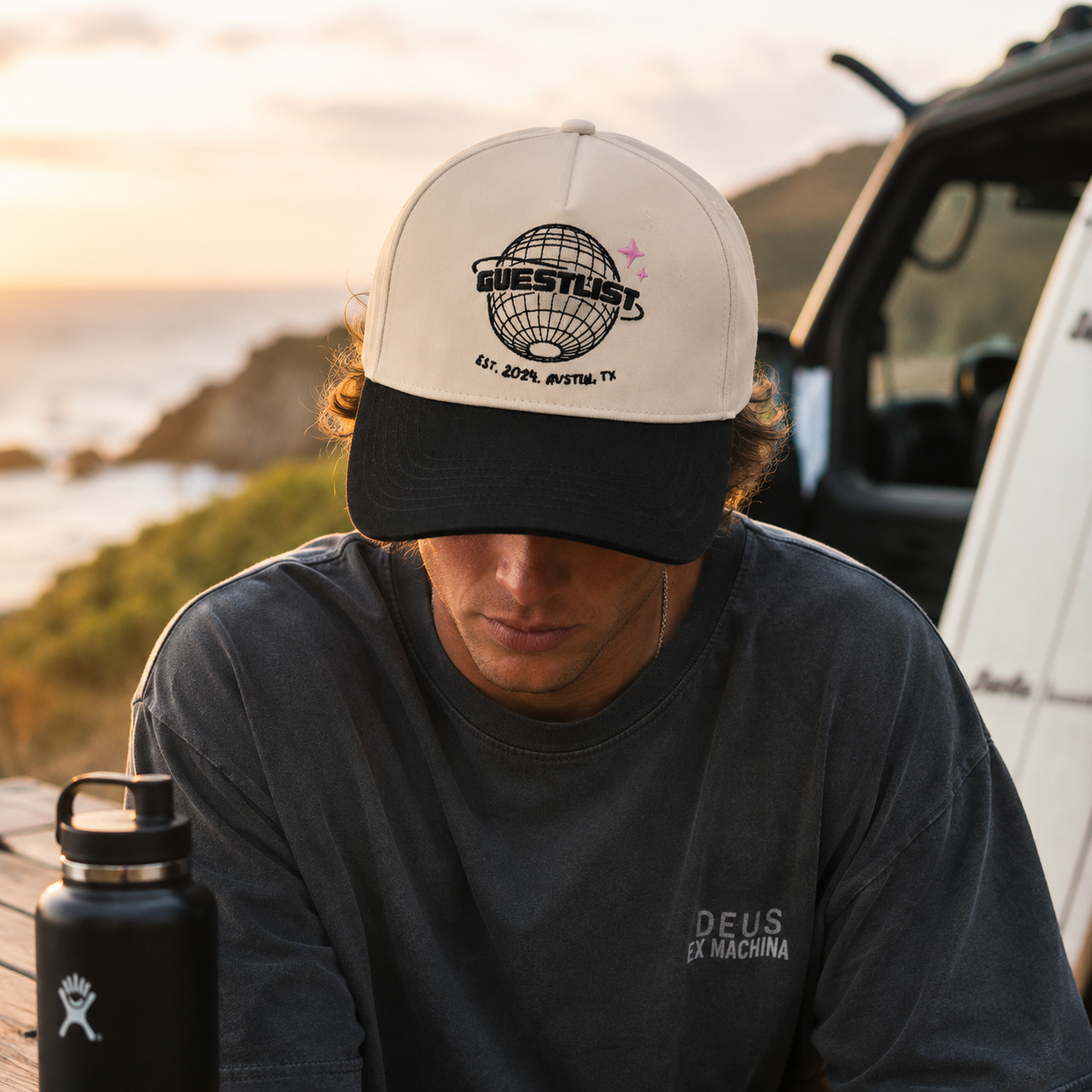 Cream & Black Globe Embroidered Baseball Cap