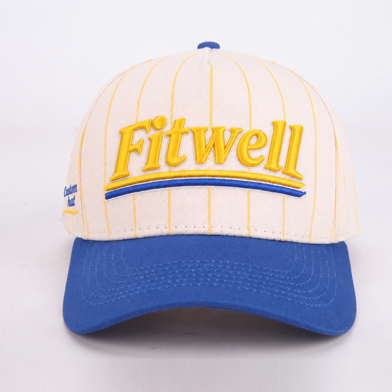 White and Blue Two Tone Embroidered Baseball Cap with Slogan Design Adjustable Cotton Twill Hat