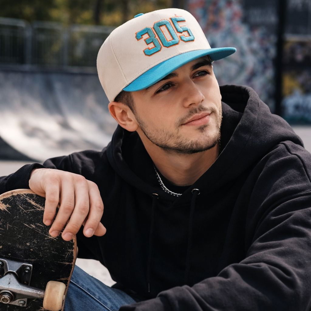 Beige and Teal 305 Embroidered Two Tone Baseball Cap