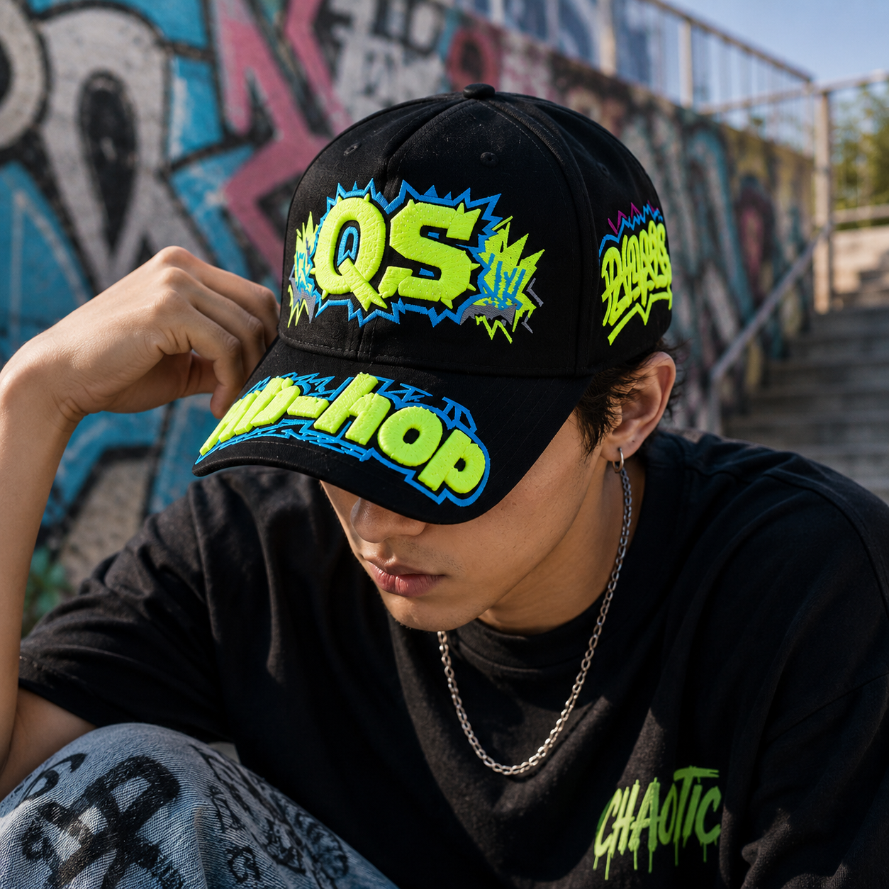 Black Graffiti Five-Panel Cap with Neon Puff Embroidery