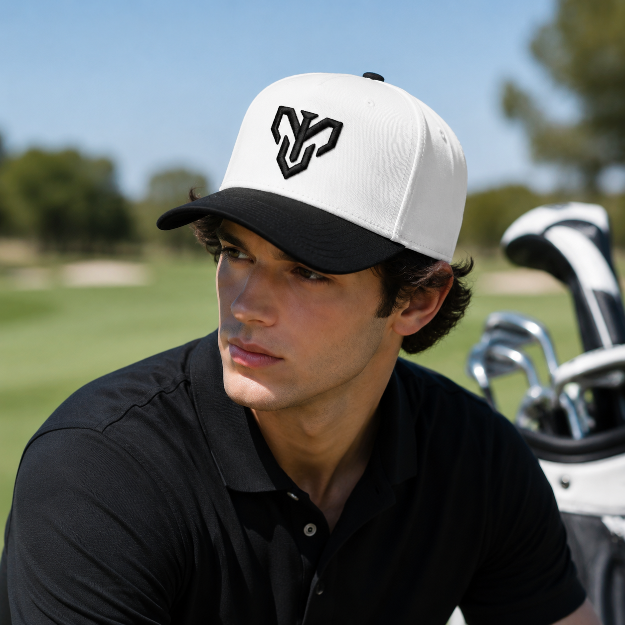 Ivory and Black Cotton Twill Baseball Cap with Raised Front Logo