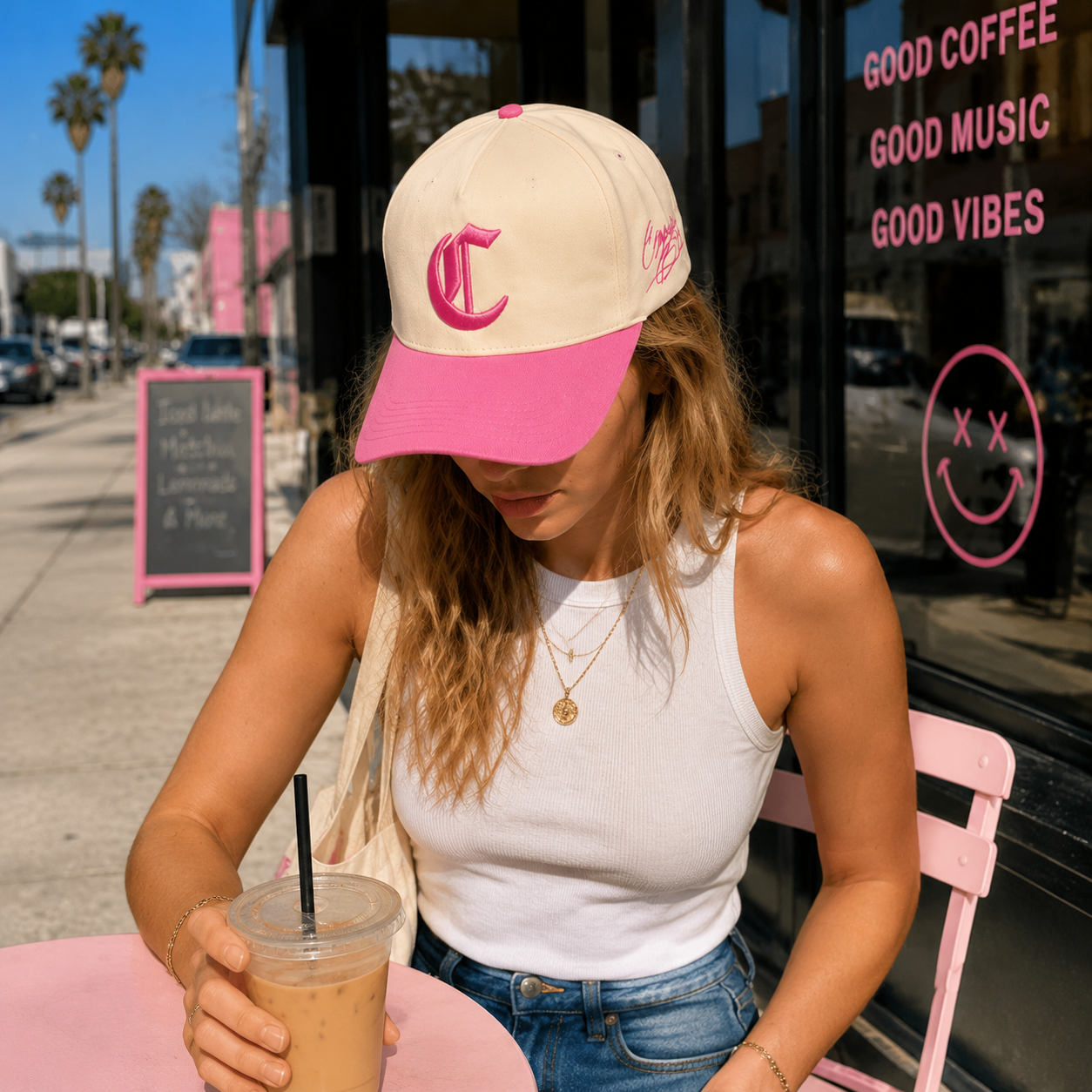 Two-Tone Pink Brim Embroidered Baseball Cap – Cream Crown Streetwear Hat