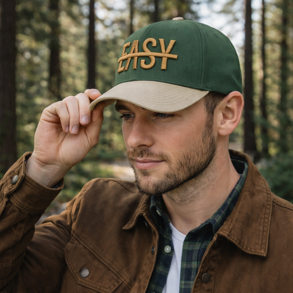 Green Beige Two Tone Baseball Cap with Raised EASY Letter Embroidery