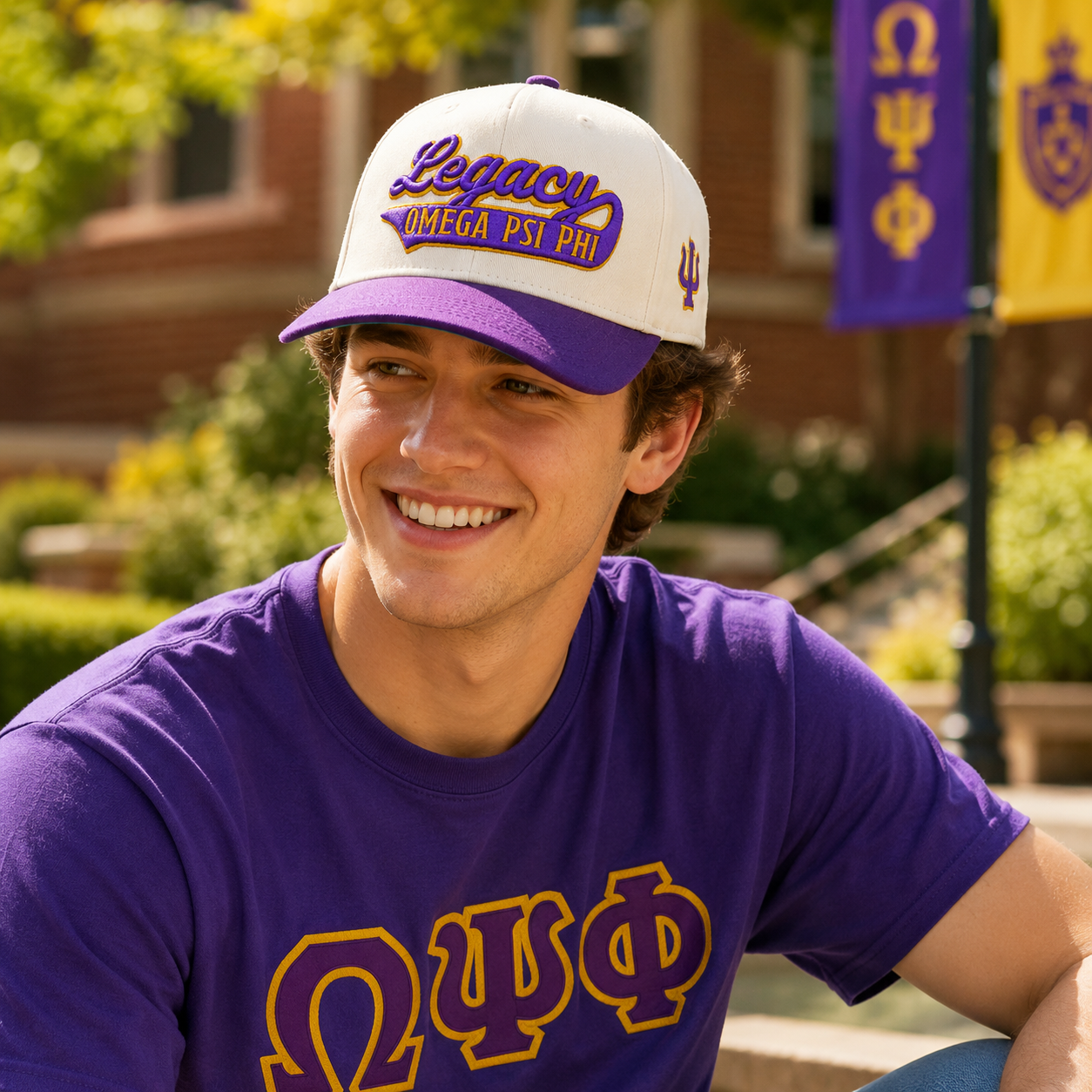 Cream and Purple Legacy Omega Psi Phi Embroidered Baseball Cap