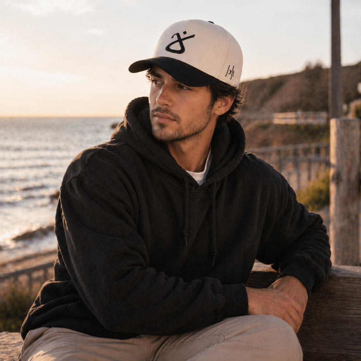 Beige Black Two Tone 3D Embroidered Cotton Twill Baseball Cap