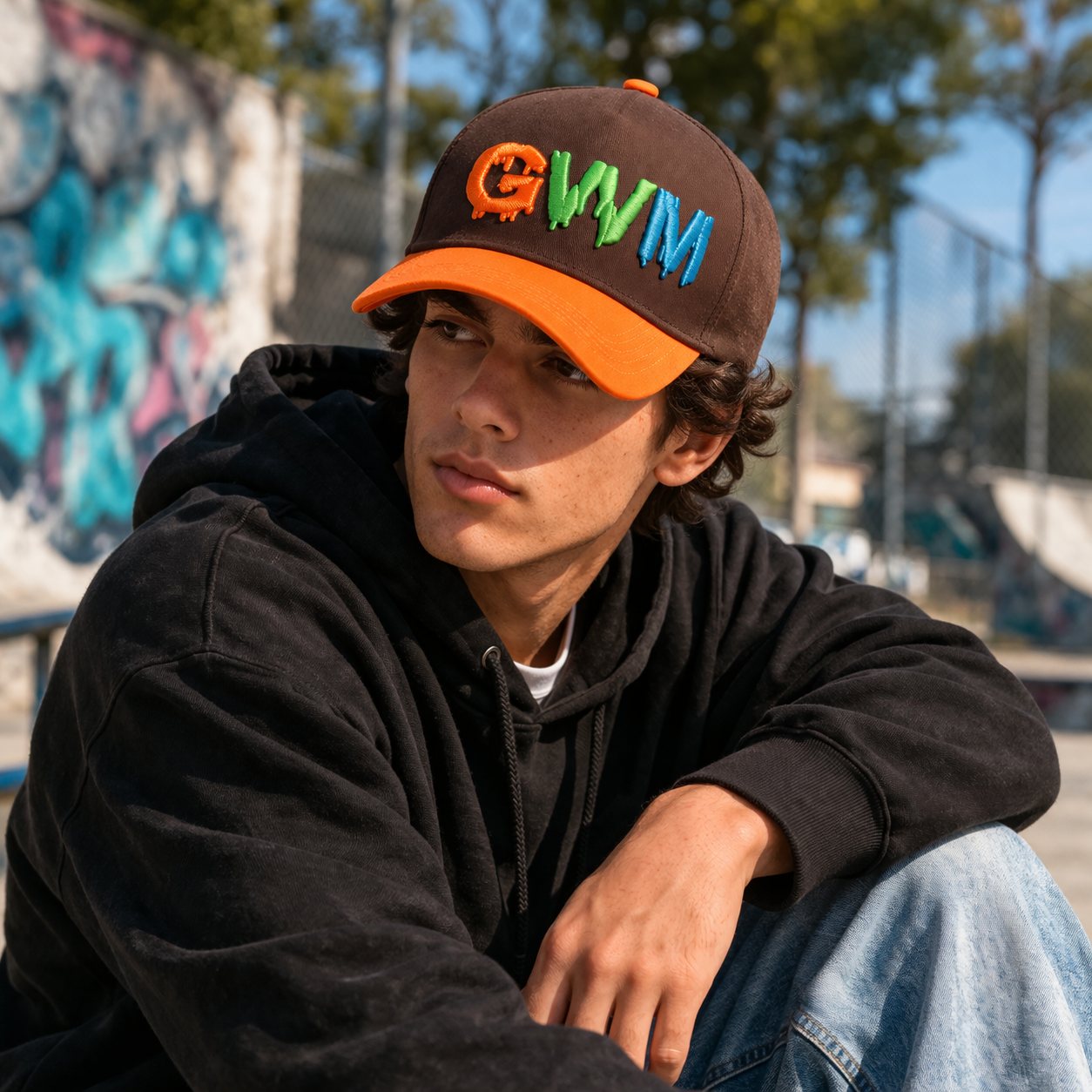 Two Tone Brown and Orange Baseball Cap with Colorful 3D GWM Letter Embroidery