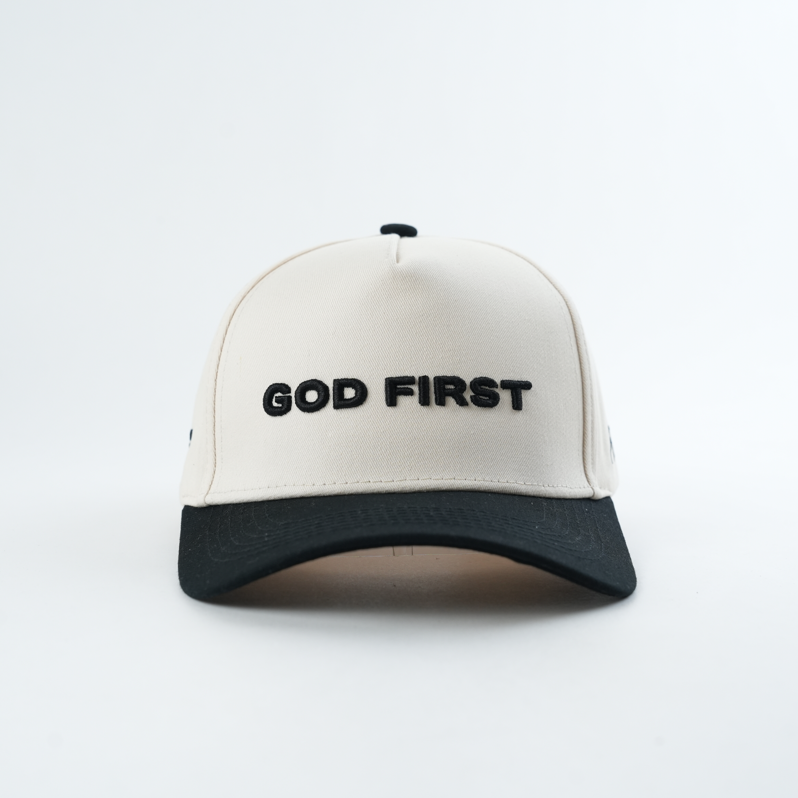 Cream and Black Two-Tone Cap with Raised Slogan Embroidery