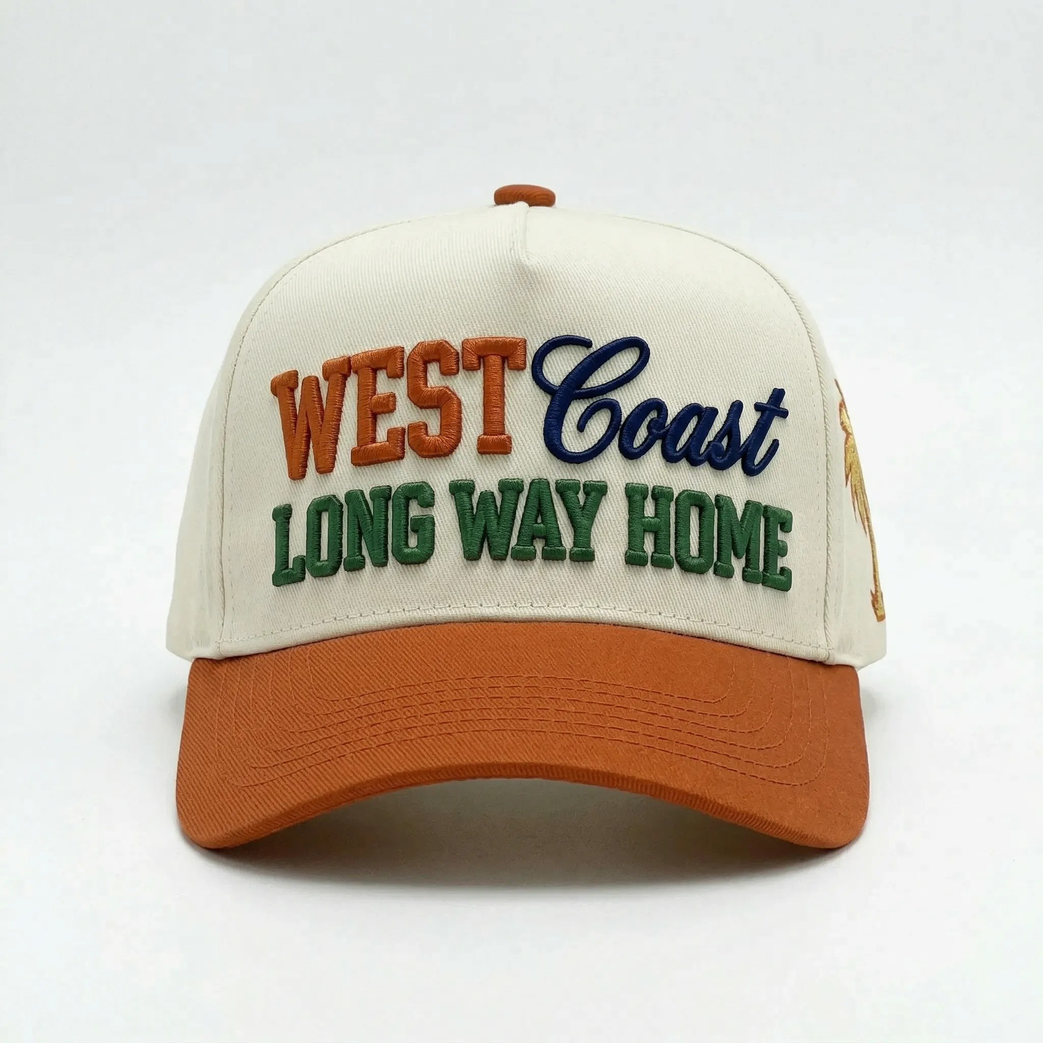 Cream and Rust Five-Panel Twill Cap with Multicolor Puff Slogan Embroidery