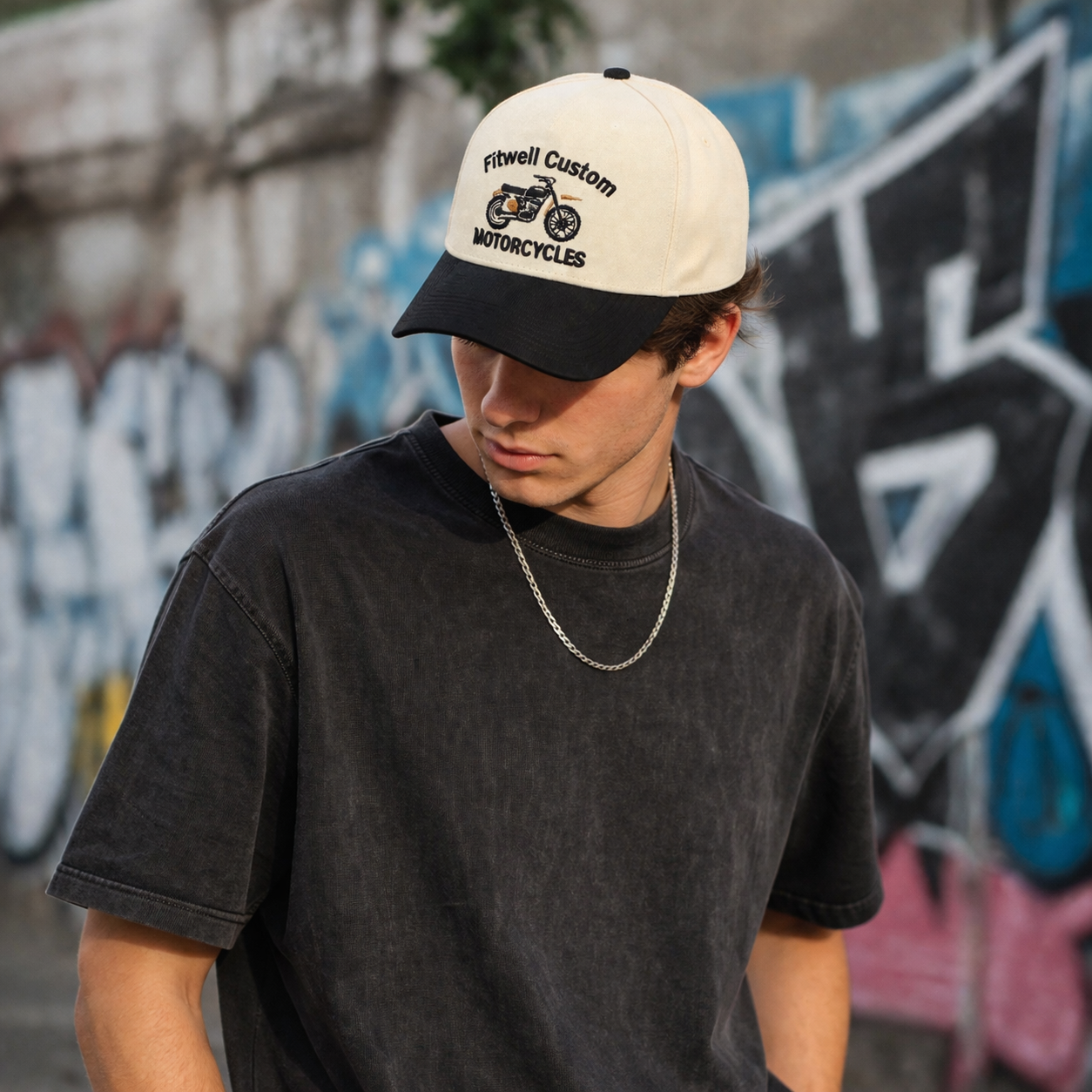 Two Tone Motorcycle Embroidered Cotton Twill Cap