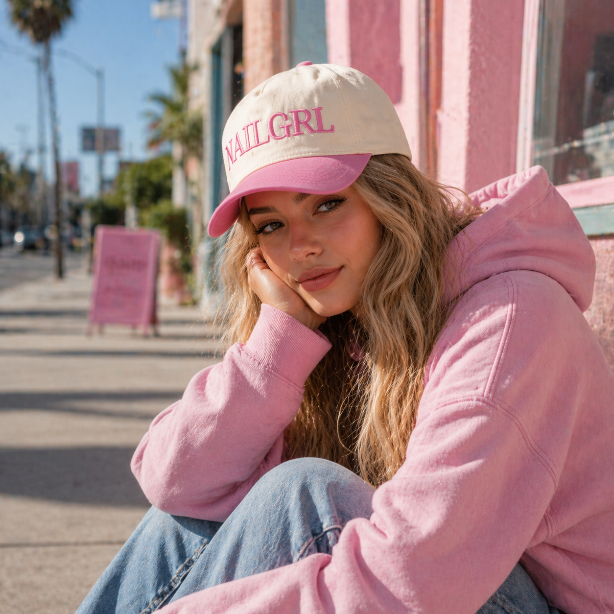 Cream and Pink Two Tone Baseball Cap with Raised Embroidered Letter Design