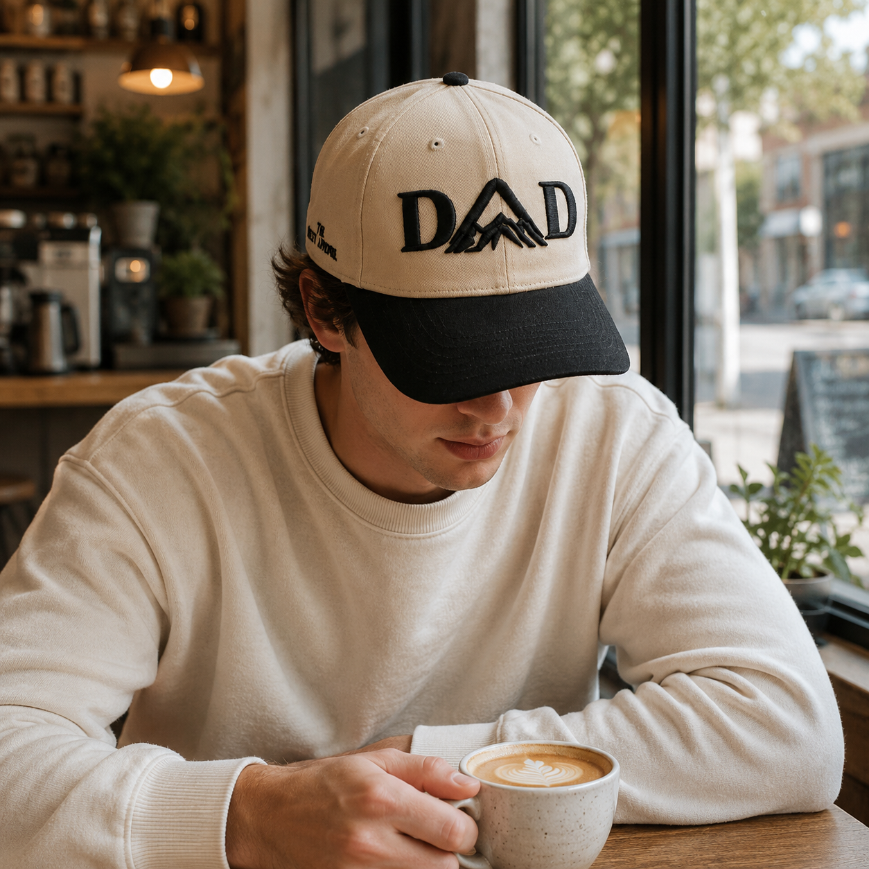 Two-Tone Beige and Black 5 Panel Baseball Cap with 3D Embroidered DAD Logo