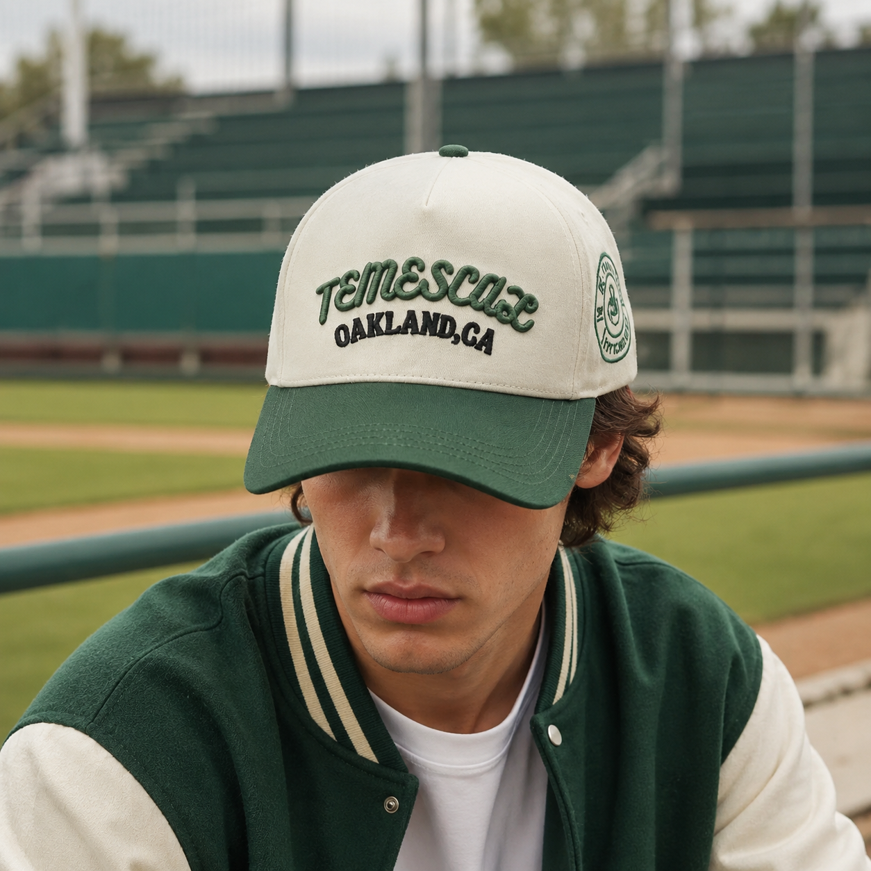Cream and Forest Green Raised Embroidery Five-Panel Baseball Cap